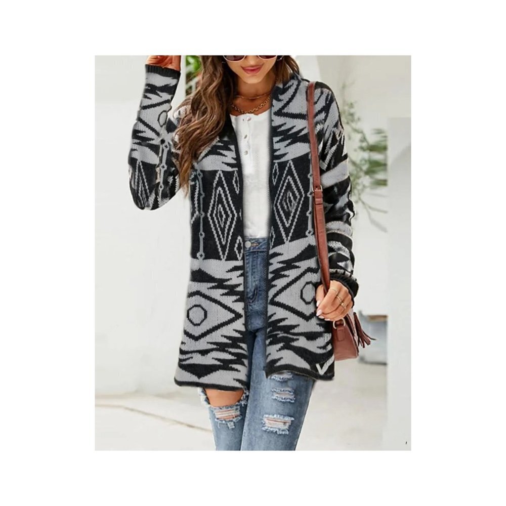 Contemporary Aztec Geometric Pattern Open Front Cardigan with hood